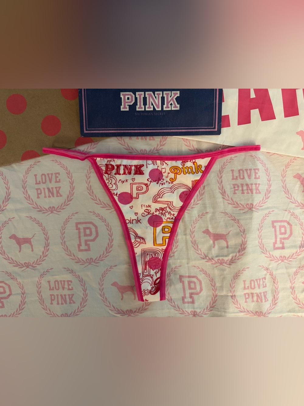 VS PINK VINTAGE Y2K COTTON LOW RISE STRING THONG PANTY WHITE ALL OVER LOGO RARE